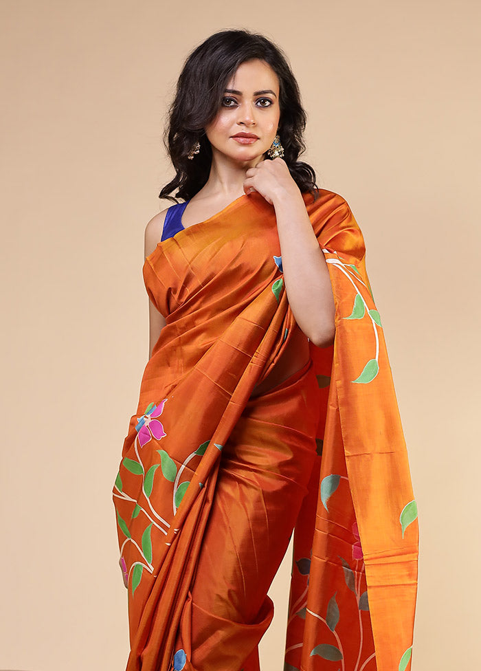 Orange Printed Pure Silk Saree Without Blouse Piece