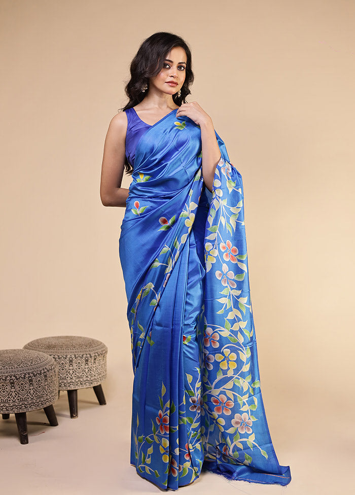 Blue Printed Pure Silk Saree Without Blouse Piece