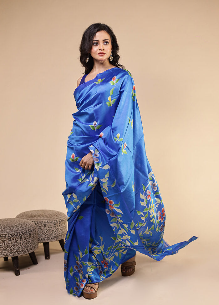 Blue Printed Pure Silk Saree Without Blouse Piece