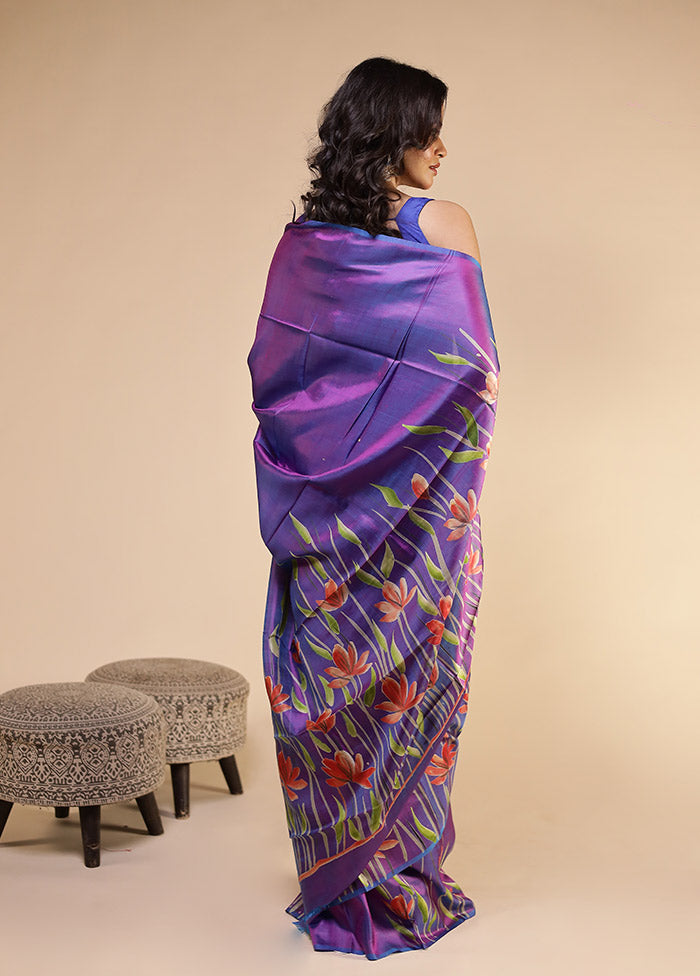 Purple Printed Pure Silk Saree Without Blouse Piece