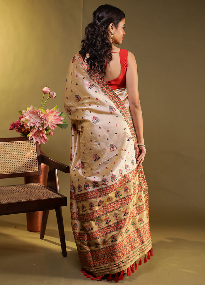 Cream Assam Silk Saree With Blouse Piece