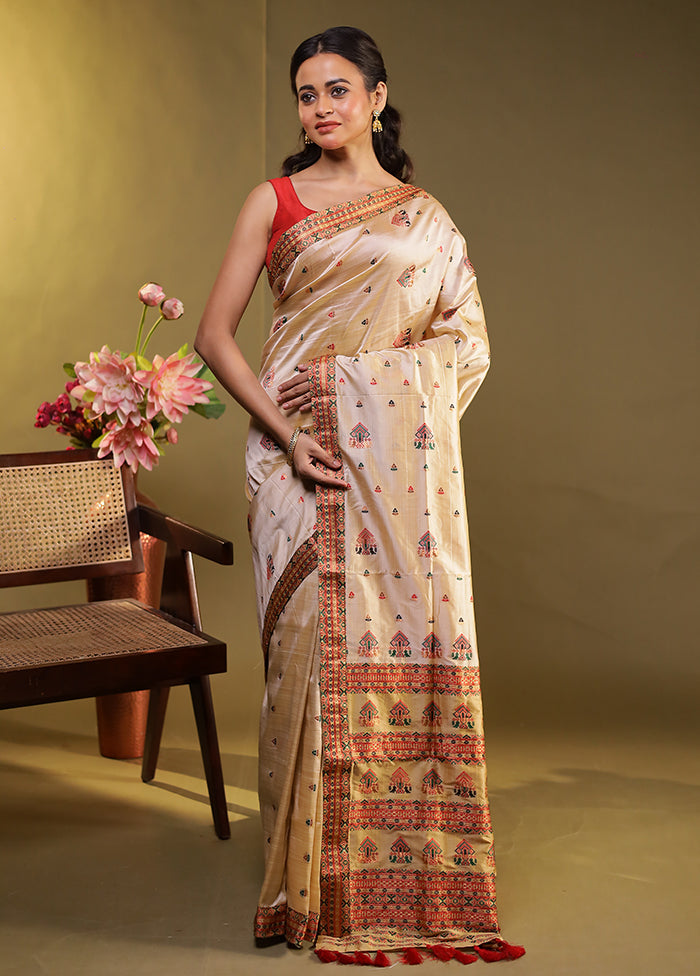 Cream Assam Silk Saree With Blouse Piece