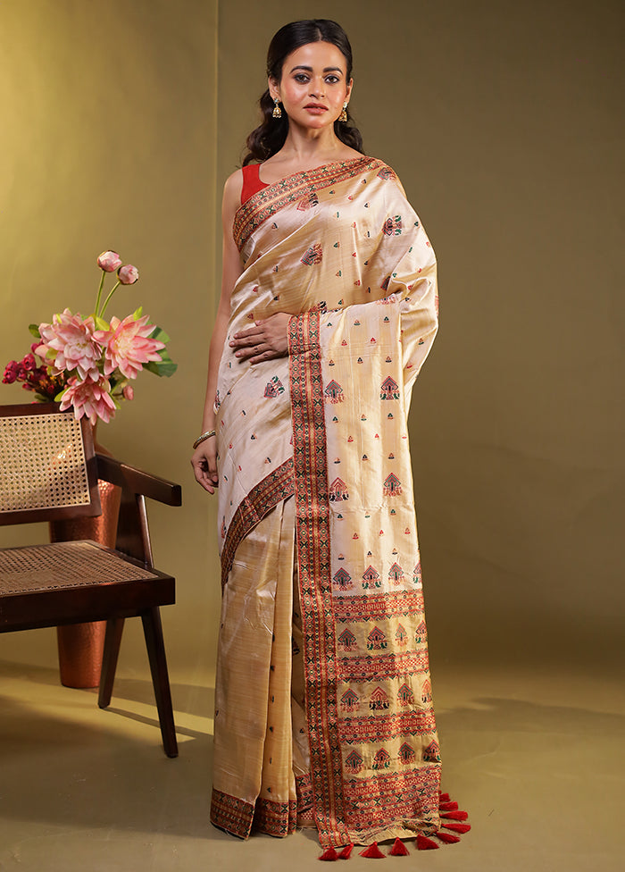 Cream Assam Silk Saree With Blouse Piece