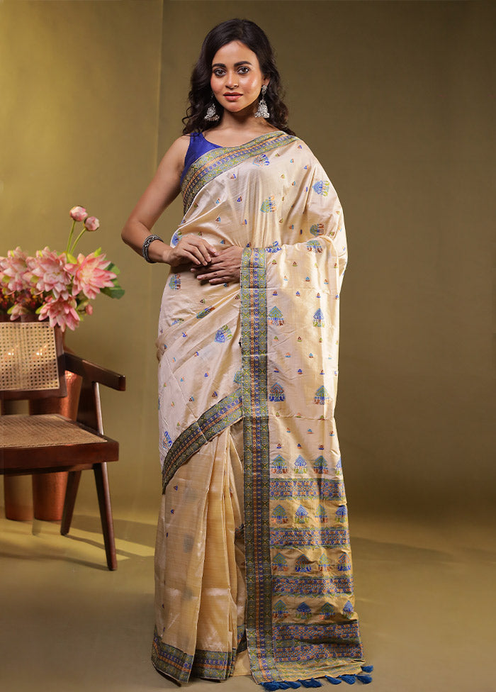 Cream Assam Silk Saree With Blouse Piece
