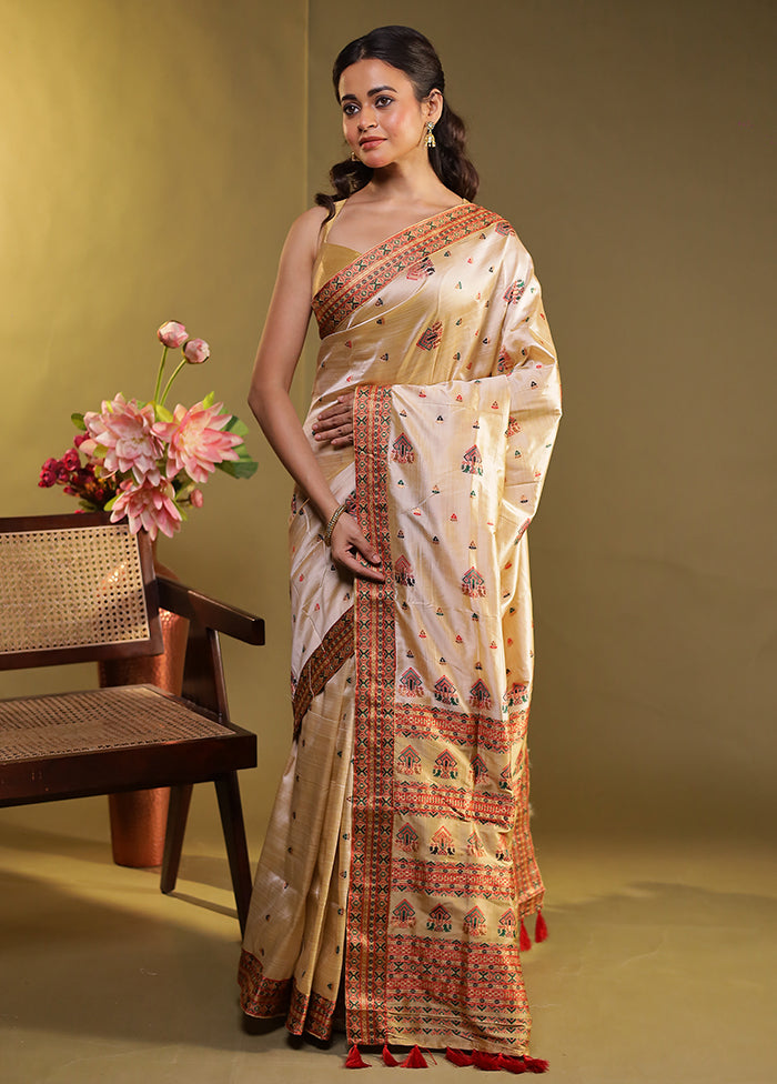 Cream Assam Silk Saree With Blouse Piece