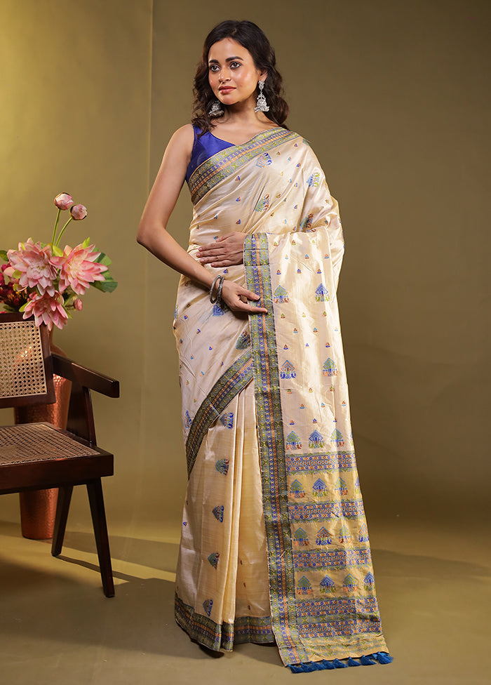 Cream Assam Silk Saree With Blouse Piece