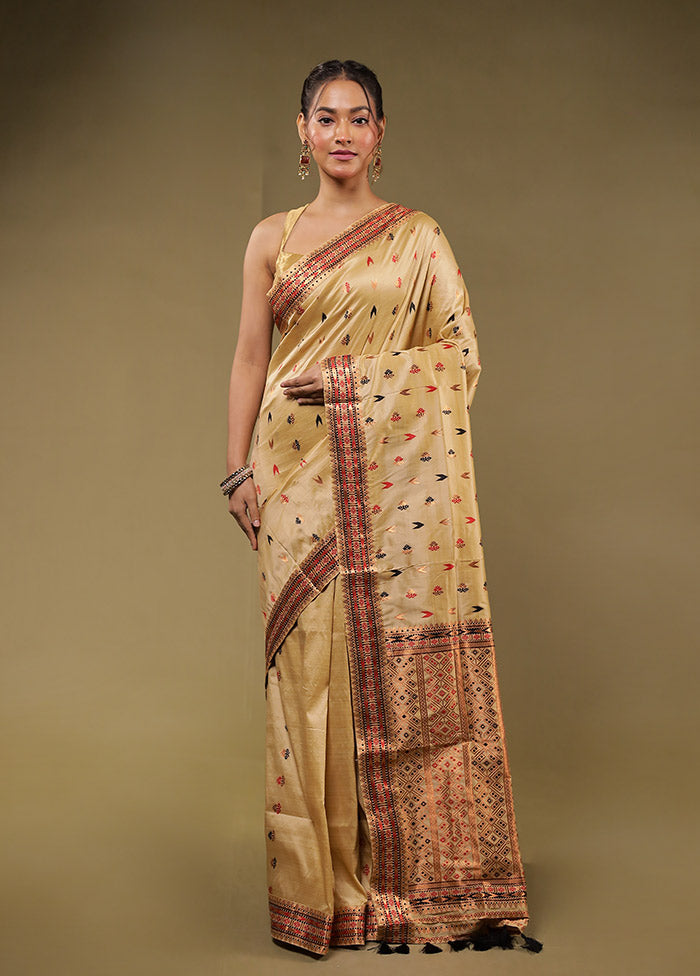 Cream Assam Silk Saree With Blouse Piece
