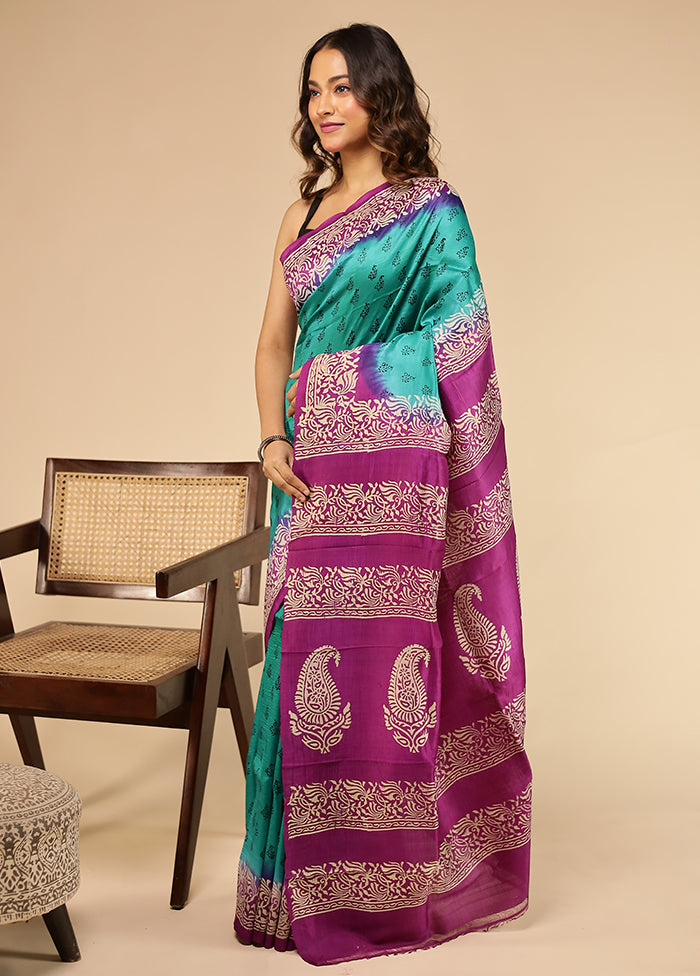Green Printed Pure Silk Saree Without Blouse Piece
