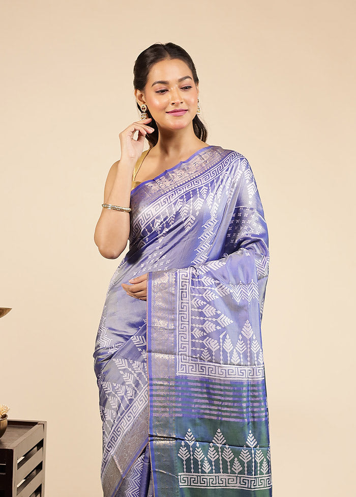 Blue Printed Pure Silk Saree Without Blouse Piece