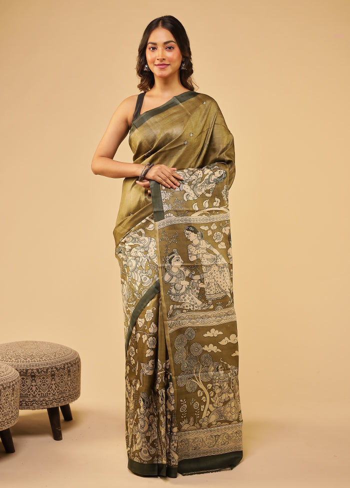 Green Handloom Tussar Pure Silk Saree With Blouse Piece