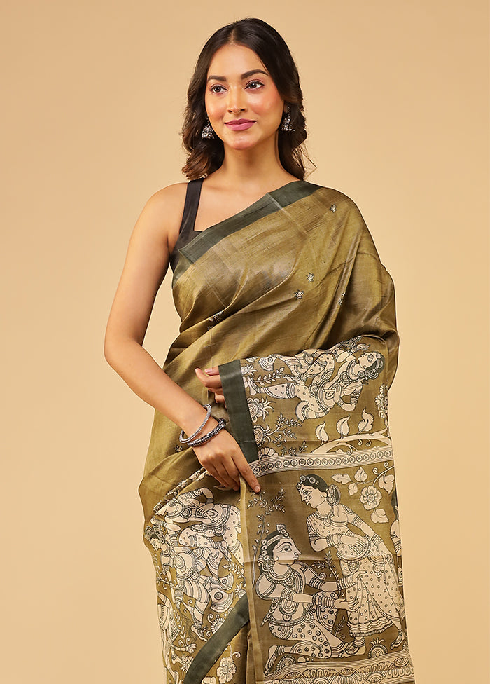 Green Handloom Tussar Pure Silk Saree With Blouse Piece
