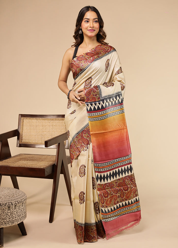 Cream Handloom Tussar Pure Silk Saree With Blouse Piece