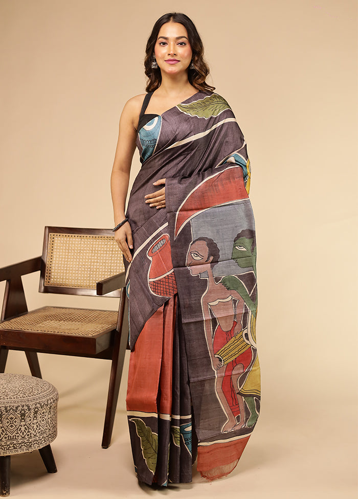 Purple Handloom Tussar Pure Silk Saree With Blouse Piece