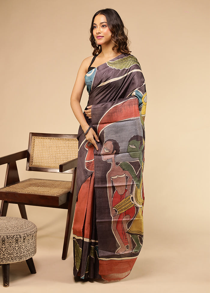 Purple Handloom Tussar Pure Silk Saree With Blouse Piece