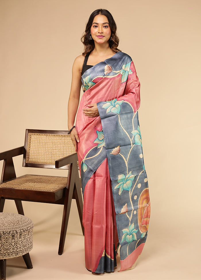 Pink Handloom Tussar Pure Silk Saree With Blouse Piece