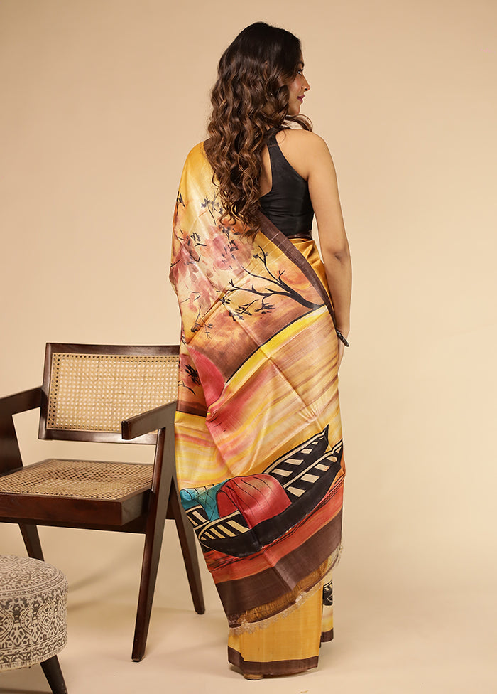 Cream Handloom Tussar Pure Silk Saree With Blouse Piece