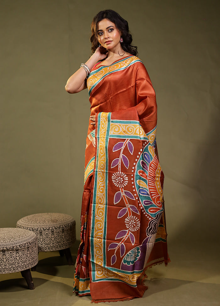 Brown Printed Pure Silk Saree Without Blouse Piece