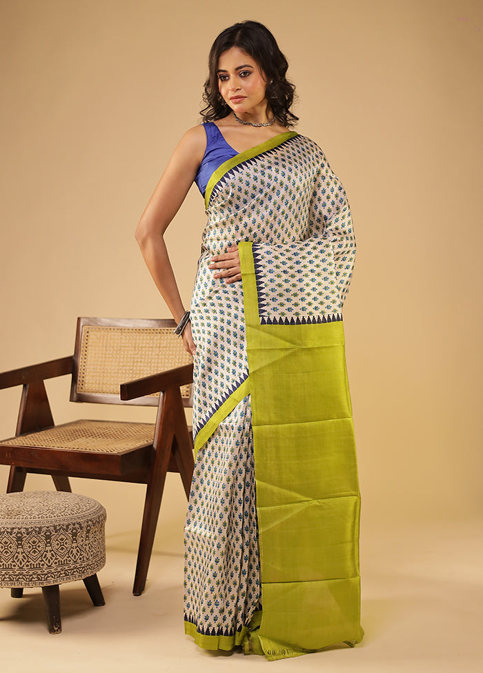 Cream Printed Pure Silk Saree Without Blouse Piece