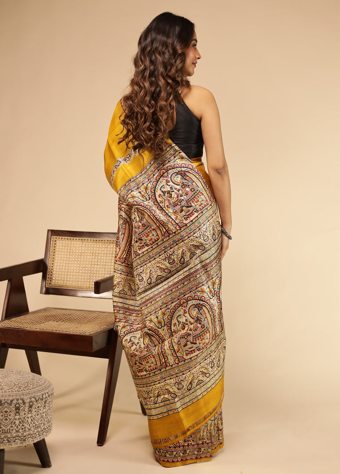 Yellow Printed Pure Silk Saree Without Blouse Piece