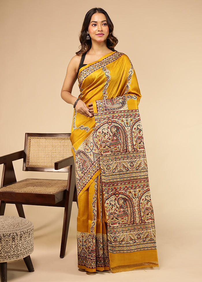 Yellow Printed Pure Silk Saree Without Blouse Piece