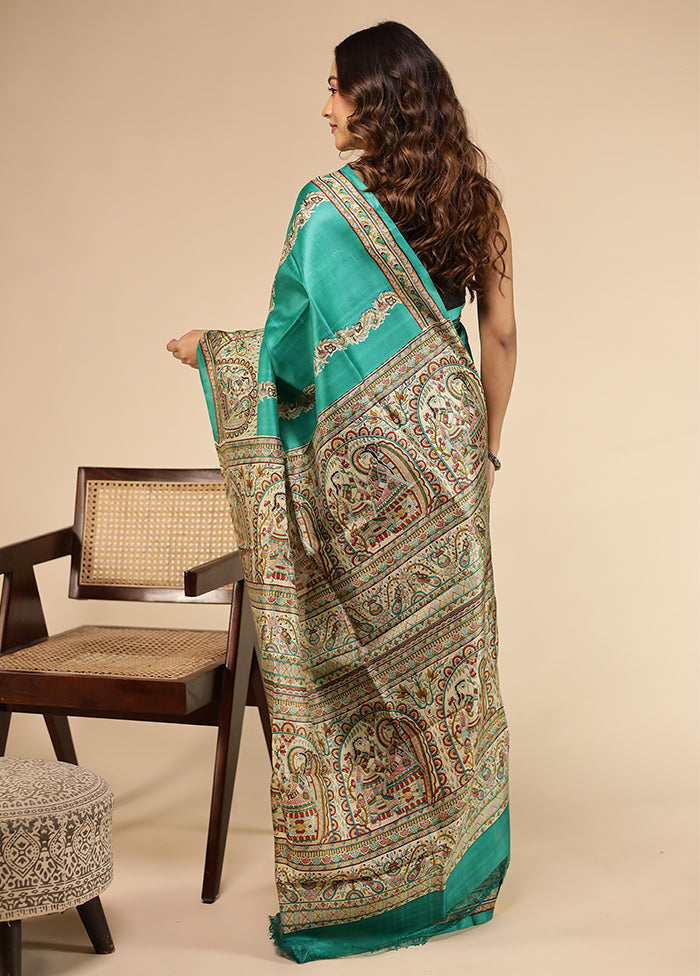 Green Printed Pure Silk Saree Without Blouse Piece