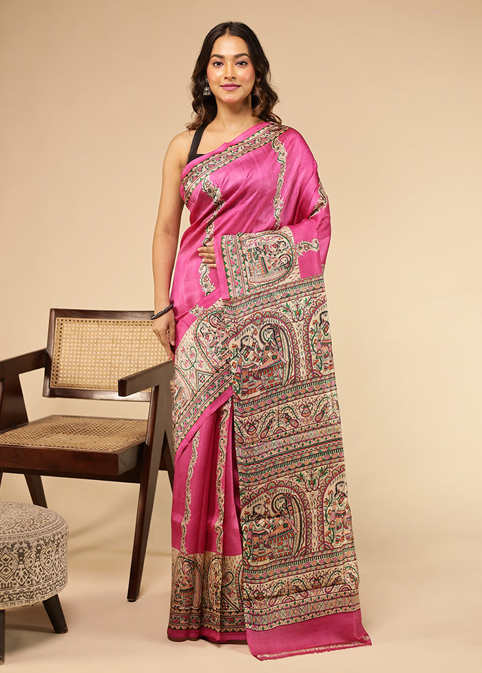 Pink Printed Pure Silk Saree Without Blouse Piece
