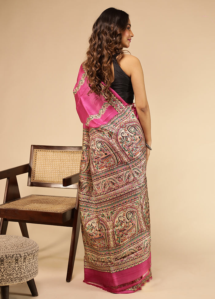 Pink Printed Pure Silk Saree Without Blouse Piece