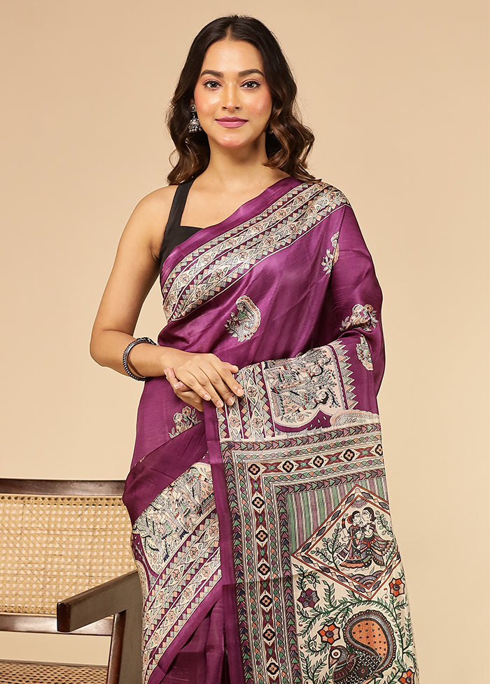 Purple Printed Pure Silk Saree Without Blouse Piece