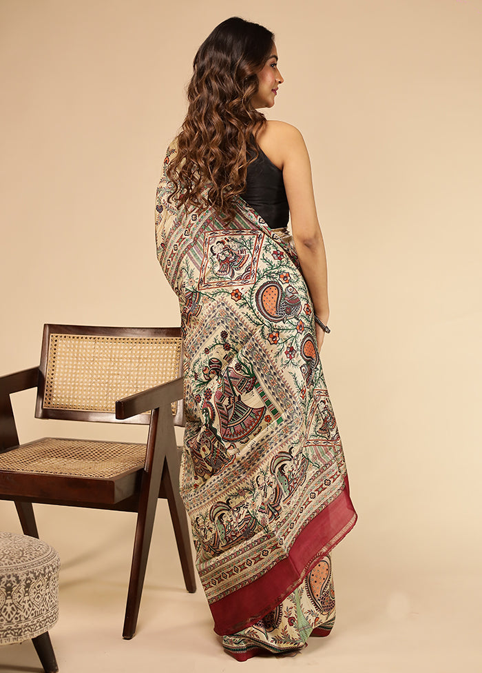 Cream Printed Pure Silk Saree Without Blouse Piece