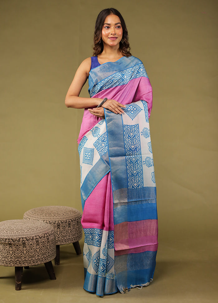Pink Tussar Silk Saree With Blouse Piece