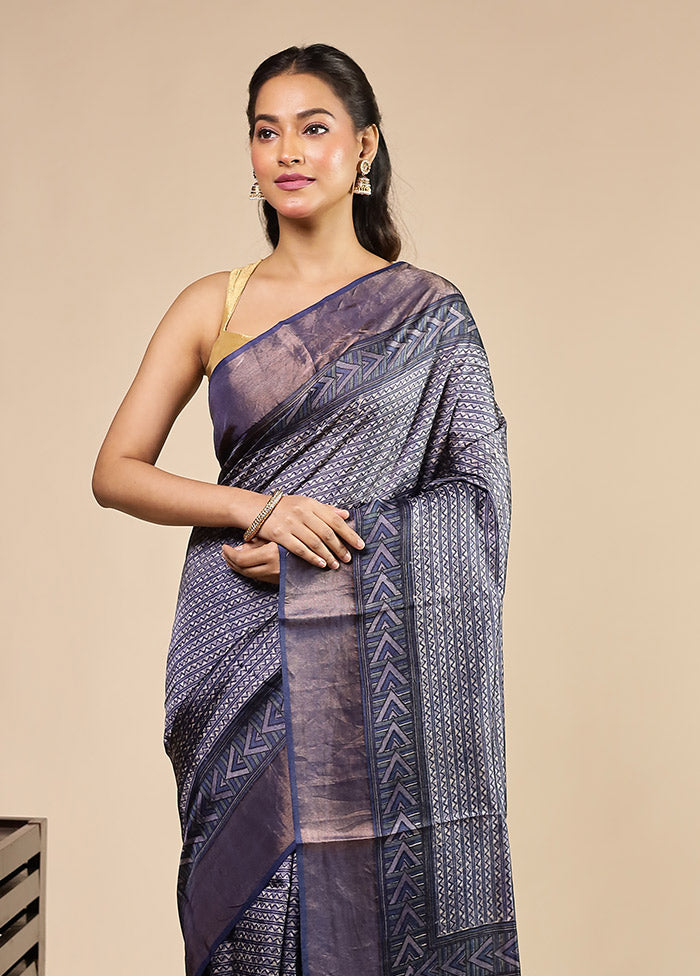 Blue Handloom Tussar Pure Silk Saree With Blouse Piece