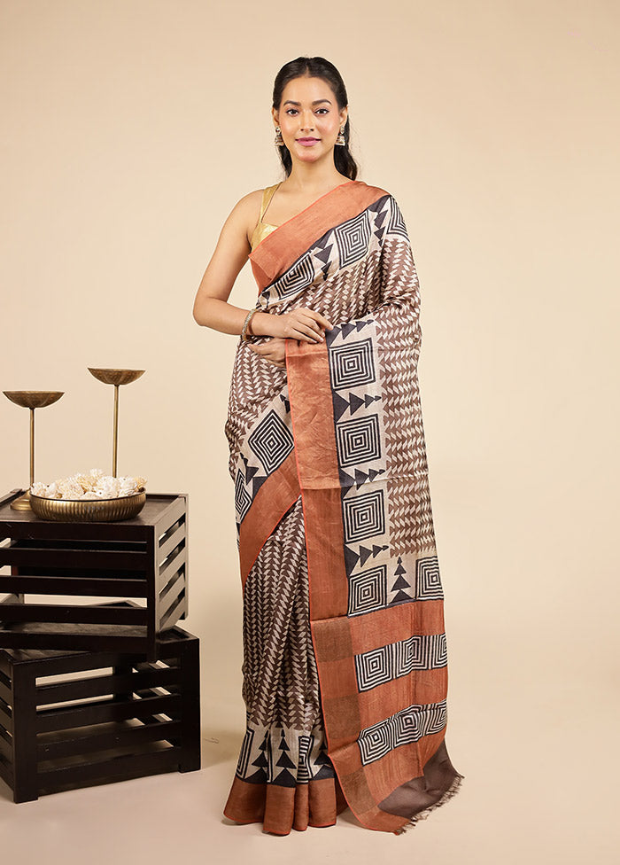 Brown Handloom Tussar Pure Silk Saree With Blouse Piece