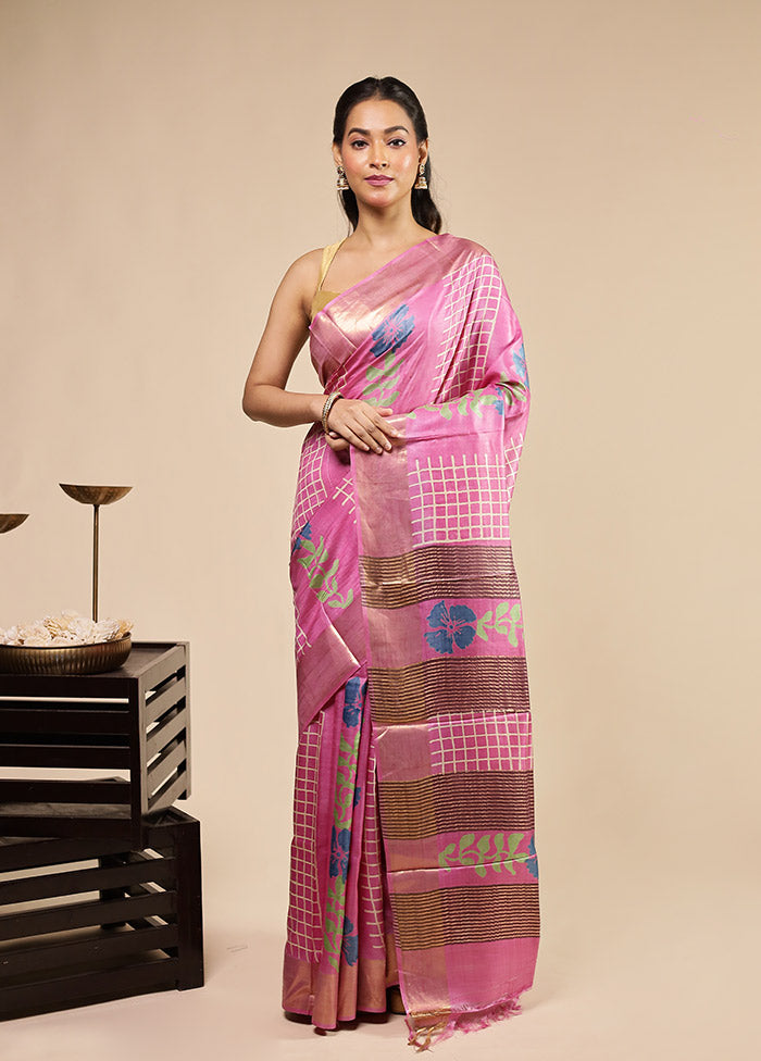 Pink Tussar Silk Saree With Blouse Piece