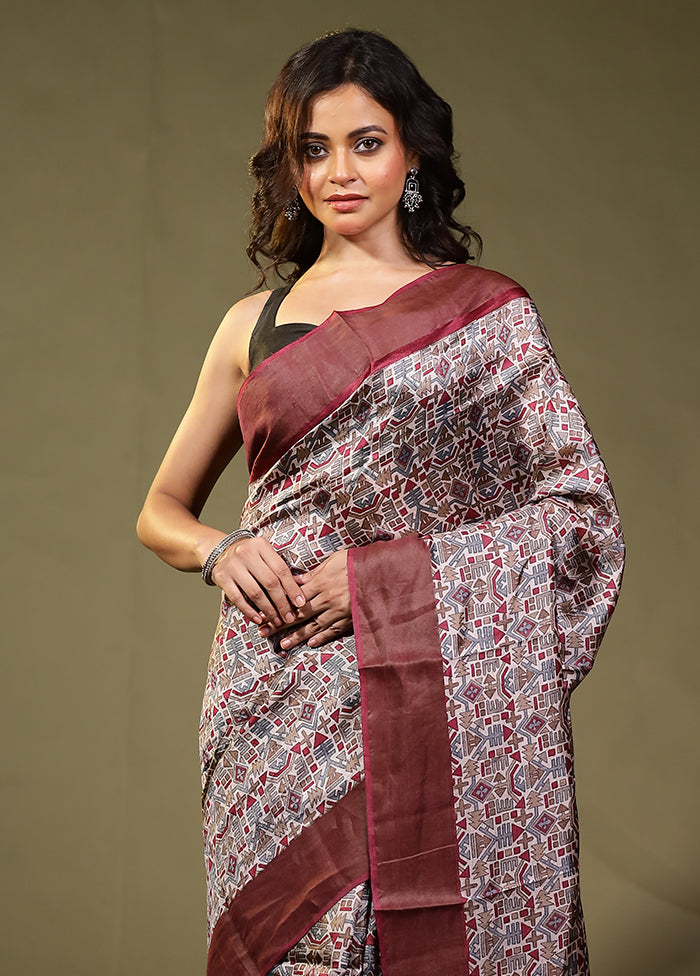 Cream Tussar Silk Saree With Blouse Piece