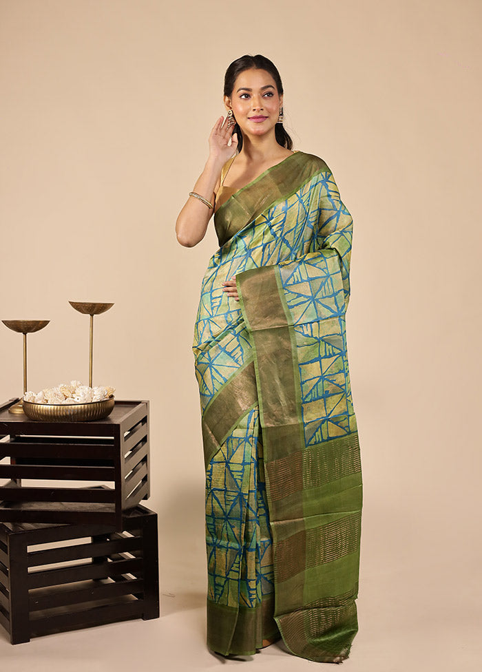 Green Handloom Tussar Pure Silk Saree With Blouse Piece