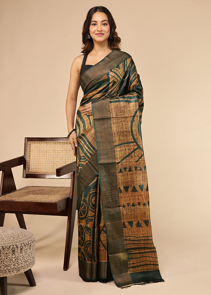 Grey Handloom Tussar Pure Silk Saree With Blouse Piece