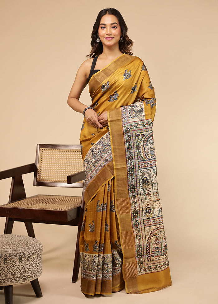 Yellow Handloom Tussar Pure Silk Saree With Blouse Piece