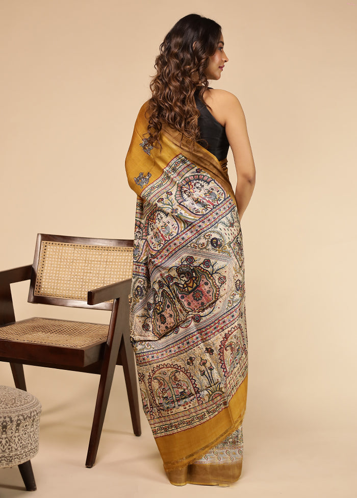 Yellow Handloom Tussar Pure Silk Saree With Blouse Piece