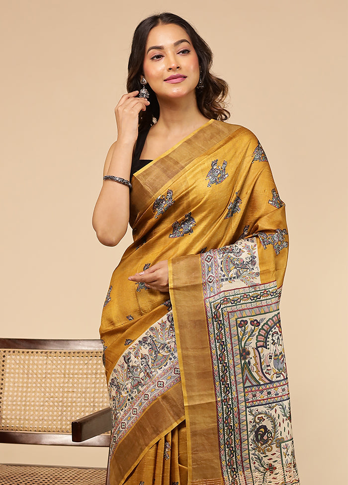 Yellow Handloom Tussar Pure Silk Saree With Blouse Piece