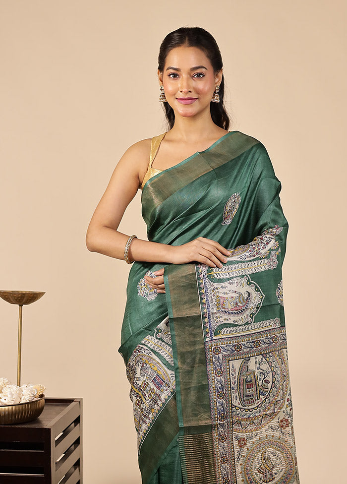 Green Handloom Tussar Pure Silk Saree With Blouse Piece