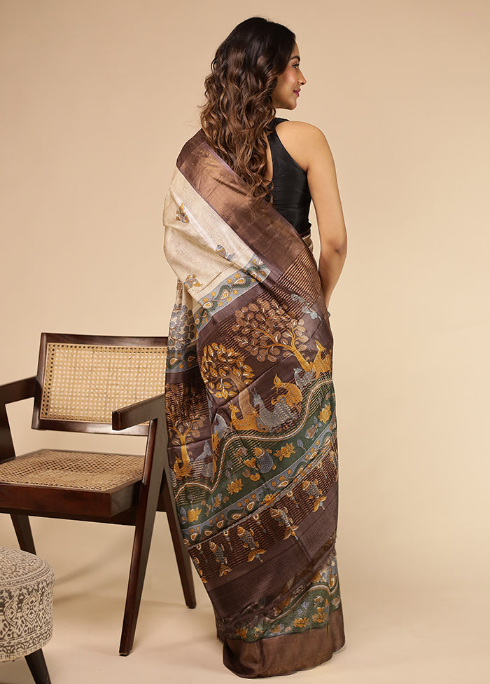 Cream Handloom Tussar Pure Silk Saree With Blouse Piece