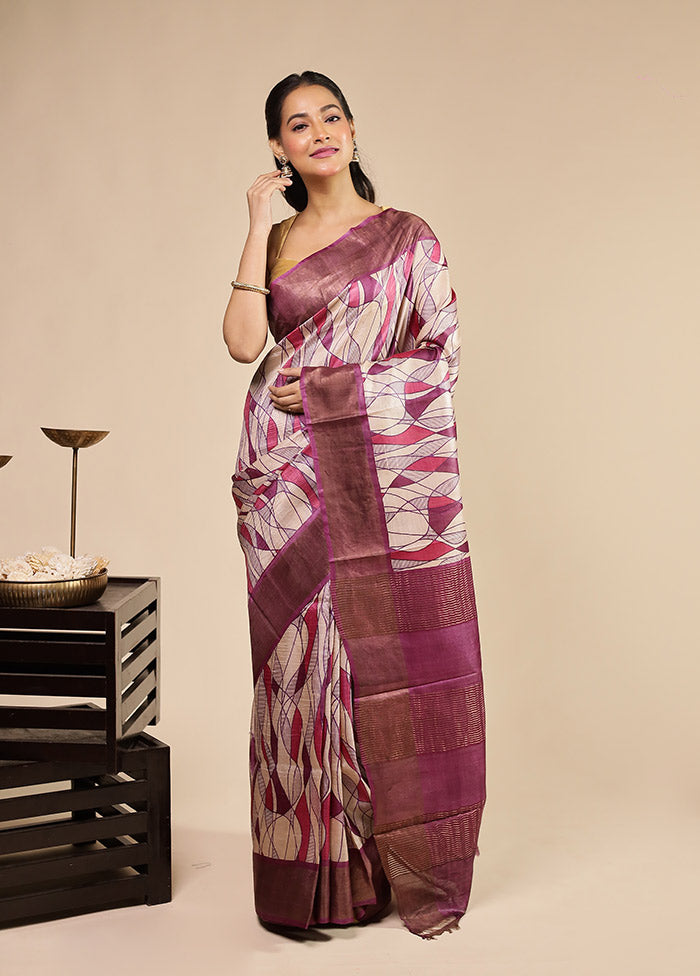 Cream Handloom Tussar Pure Silk Saree With Blouse Piece