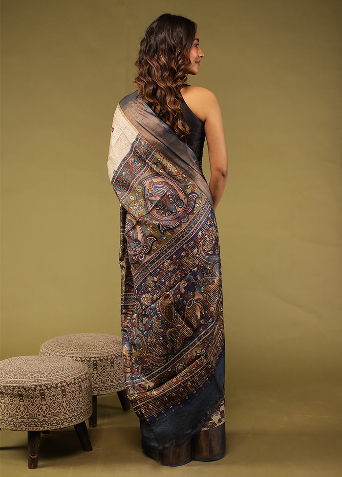 Blue Handloom Tussar Pure Silk Saree With Blouse Piece