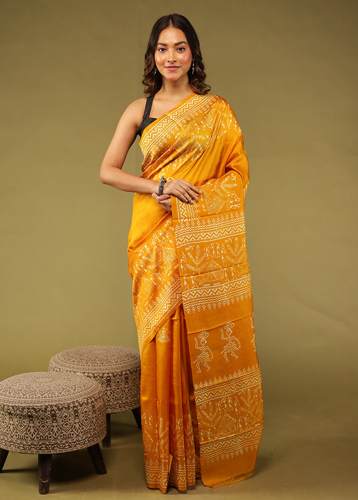 Yellow Printed Pure Silk Saree Without Blouse Piece