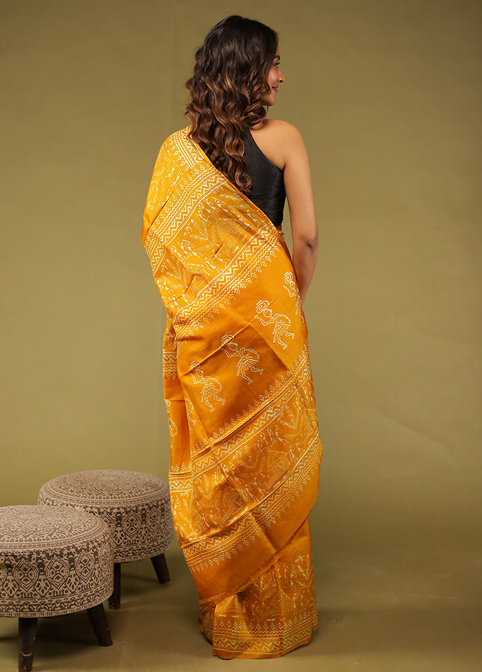 Yellow Printed Pure Silk Saree Without Blouse Piece