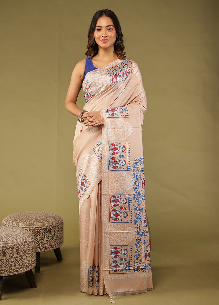 Cream Printed Pure Silk Saree Without Blouse Piece