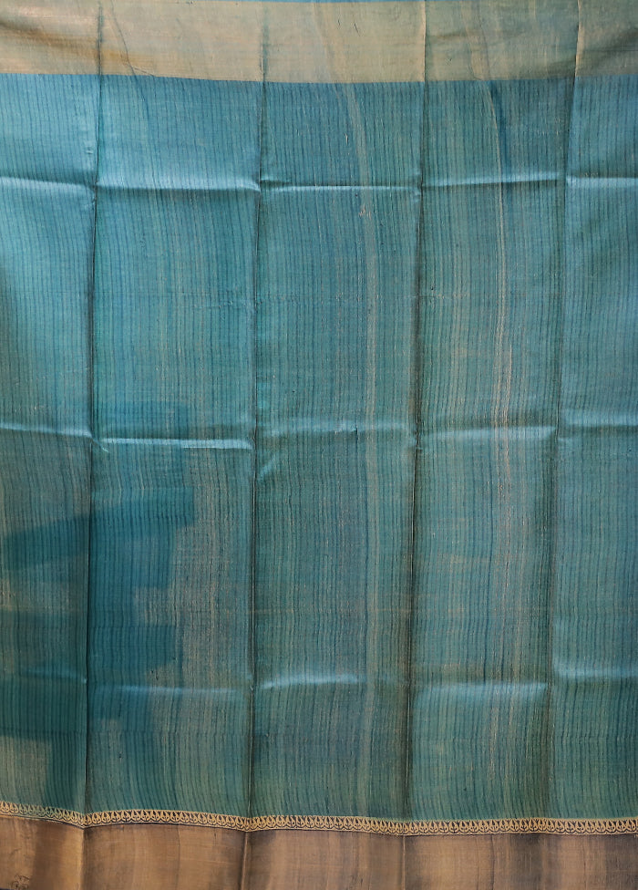 Blue Handloom Tussar Pure Silk Saree With Blouse Piece