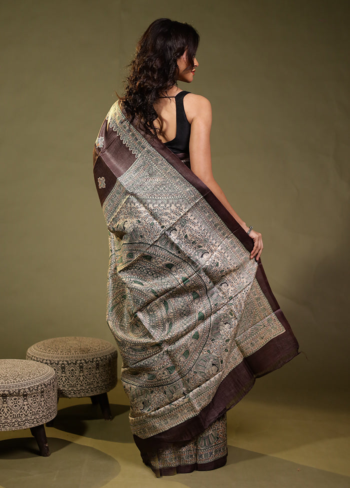 Brown Handloom Tussar Pure Silk Saree With Blouse Piece