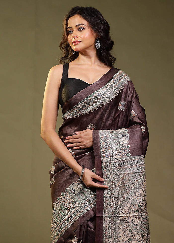 Brown Handloom Tussar Pure Silk Saree With Blouse Piece