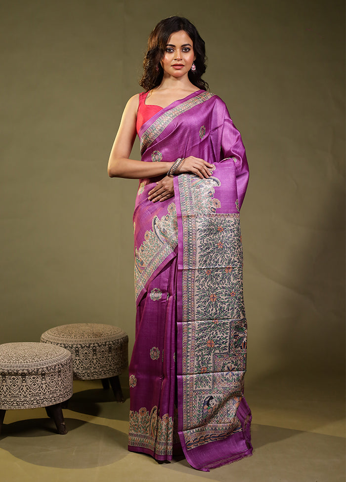 Purple Handloom Tussar Pure Silk Saree With Blouse Piece